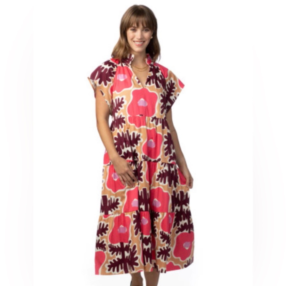 Crosby by Mollie Burch Pink Brown Tan Mod Poppy Watts Midi Dress Size Small - Picture 1 of 10